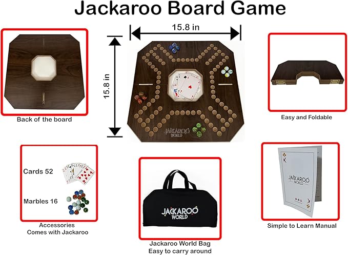 Jackaroo Board Game 2-4 Player Marble Strategy Game Solid Wooden Game with 16 Glass Marbles and 52 Cards Marble Chase Game Jokers and Marbles Board Game Foldable Board with Carry Bag (Walnut)