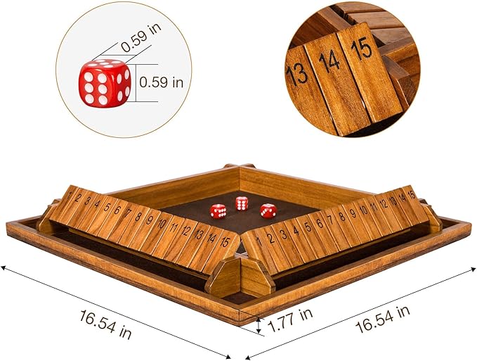 Upgraded 16.54’’ Shut The Box Dice Game with 15 Numbers for 1-4 Players Large Wooden Board Math Game 16 Dices Tabletop Games Kids Adults Family Party Birthday