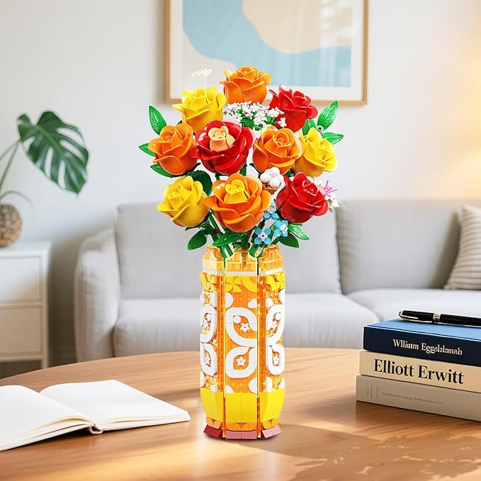 Flower Bouquet Building Set with Vase &amp LED Light Yellow Orange and Red Roses 3.6MM Mini Building Blocks Gifts for Women/Girlfriend/Wife Small Fake Flowers for Home Office Decor