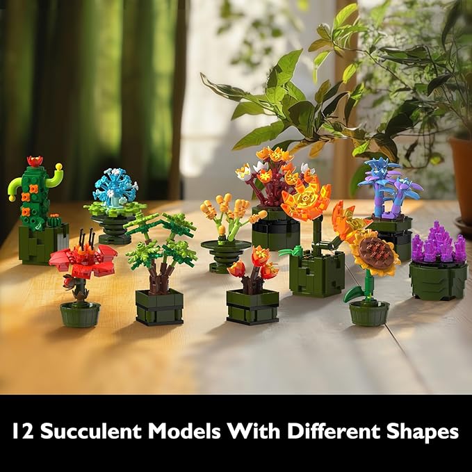 JMBricklayer Flowers Succulents Building Sets for Adults Valentines Day 12 Pack Tiny Plants Botanical Collection Display for Room Decor Bonsai Flowers Building Blocks Gifts for Women Valentines