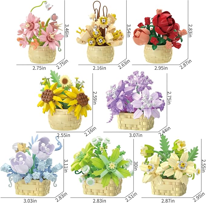 8 Pieces Flower Block Set Plant and Succulent ToysBirthday Gift for Women and Girls As a Decoration or Adult Block Toy
