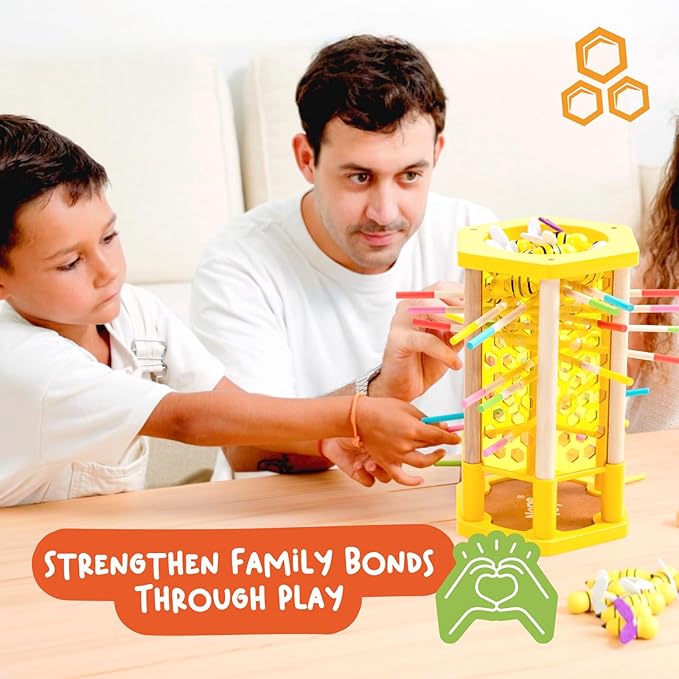Nene Toys BeeFall Jumbo 4-in-1 Wooden Honey Bee Toy for Kids Ages 3-9 - Educational Game with Wooden Honeybee Hive 12 Bees Colorful Sticks Dice &amp Cards - Fun Family Game for Cognitive Developm