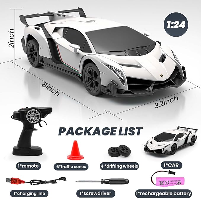 QUN XING Remote Control car 1:24 Officially Licensed Lambo veneno RC Drift Car with LED Lights 2.4GHz 4WD 15KM/H High Speed Rechargeable Battery Birthday Gift for Kids 8-12 White