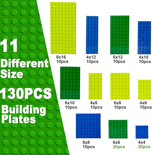 130 Pieces Classic Building Plate 3 Color with 11 Size Building Plate Base Plate Compatible with Lego Parts and Pieces for Most Brands (Green Light Green Blue)