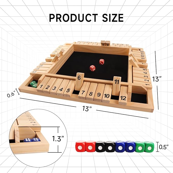 GSE Games &amp Sports Expert 1-4 Player Wooden Shut The Box Board Game with 8 Dice. 4-Way 12 Numbers Shut The Box Dice Set of Popular English Pub Board Game - Natural Wood