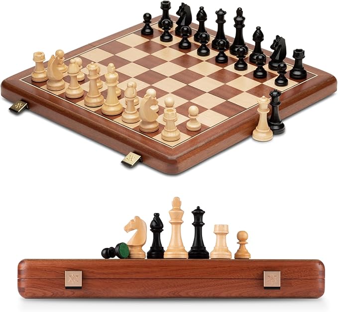 A&ampA Premium Folding Chess Board Game Set 15 Wooden Chess Board &amp 3 King Height Staunton Chess Pieces with 2 Extra Queens Portable Travel Chess Set (Natural Mahogany 15 Inches)
