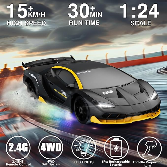 RC Drift Car 1:24 Remote Control Car 4WD 15KM/H High Speed Racing Sport Car with LED Lights RC Cars Toy for Kids Boys Girls Adults Gifts Birthday Christmas Rechargeable Batteries (Black-1)