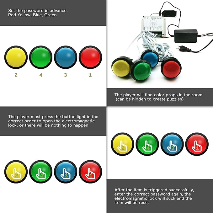 Escape Room Props 5 Colors Buttons Mechanism Press It In Order To Control 12V Magnet Lock For Exit Game Owner Player Adventurer (9 Buttons With Audio)