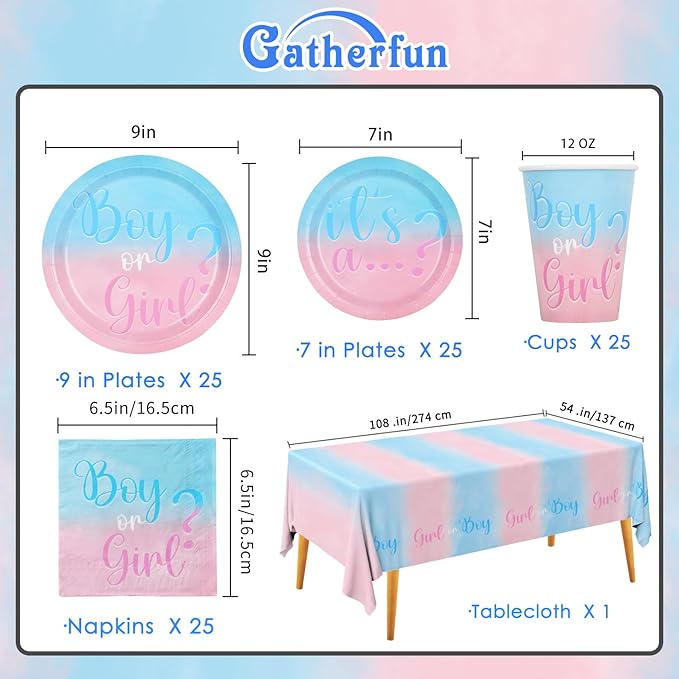 Baby Gender Reveal Party Supplies Boy or Girl Disposable Paper Plates Napkins Cups Tablecloth for Baby Shower Decorations Serve 25