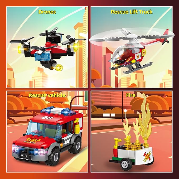 City Fire Station Building Kit Compatible with Lego Fire Rescue Building Blocks Includes Fire Station Fire Truck Fire Helicopter and Drone Toy Set Gift for Kids Boys Girls Age 6-12（784 PCS）