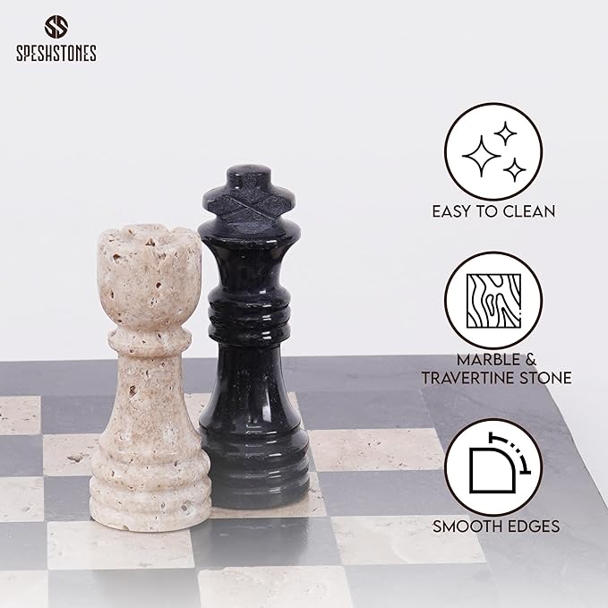 Marble Chess Set for Adults 12 Inch Black and Travertine Handmade Board Game with Storage Box Table Chess Set for Travel with Pieces &amp 2 Extra Queens Gifts &amp Home Décor
