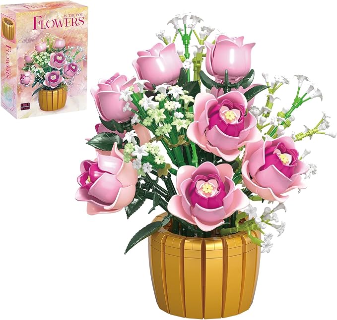 Pink Rose Flower Building Set Botanical Flower Bouquet Building Blocks with Pot DIY Artificial Flowers Decor for Home Office Room Gift for Teens Adults 1059 PCS