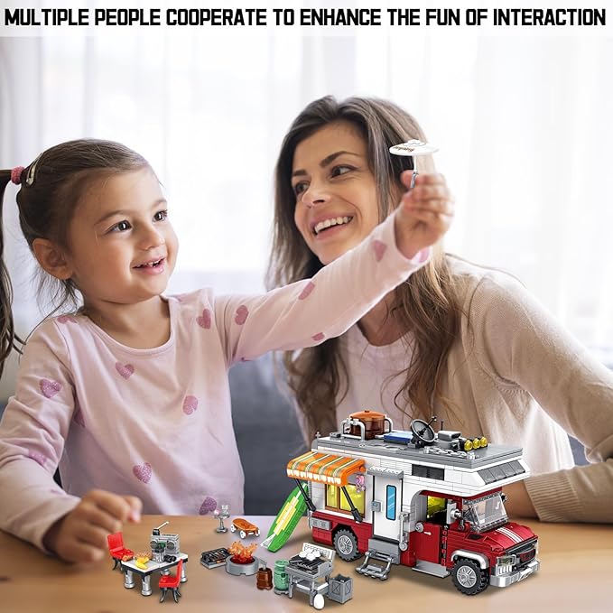 Camping Van Construction Toy 924 Pieces Building Block Set with Picnic Table Grill &amp Fire Scene Gift for Kids Teens &amp Vehicle Fans