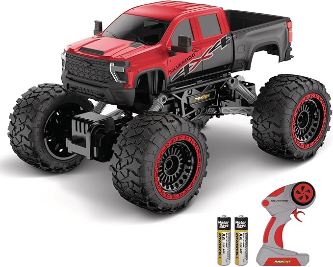 RC 4WD Heavy Metal Chevrolet Silverado Truck – 1:14 Scale Remote Control Car Stamped Metal Body 2.4GHz Full-Function Radio Control USB Rechargeable Ready to Run Red
