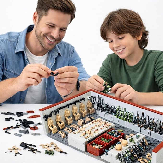 ELEFOCUS WW2 Military Base Building Blocks Set – 520 PCS Army Weapons Pack with SWAT Gear Miniguns Custom Guns and 10 Soldier Figures – Kids Army Playset Compatible with Major Brands