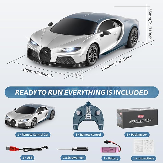 MIEBELY Remote Control Car - 1/24 Scale Fast Rc Race Car Bugatti Chiron 3.7V 500 mAh Toys with Headlight Racing Hobby Model Birthday Ideal Gifts for Adults Kids Boys Age 6 7 8 9 10 Year Old