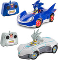 NKOK 1/28 Scale 2.4GHz RC Sonic 2PK RC Sonic &amp Silver Officially Licensed Full Function Radio Control Detailed 6.5” Vehicle and Character Grippy Tires Adjustable Front Wheels