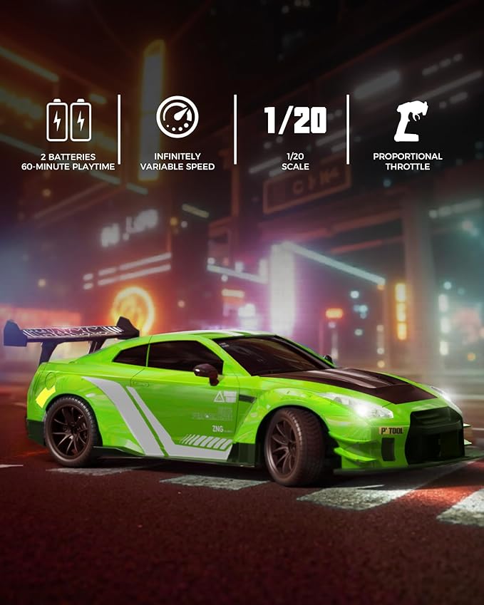 RACENT RC Drift Car 1:20 Scale Remote Control Car with LED Light 2.4GHz 20KM/H 4WD High Speed RC Vehicle Racing &amp Drifting Tires Two Batteries Toy Idea Gift for Adults Boys Girls and Kids (Gr