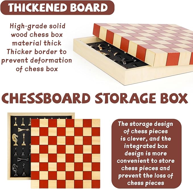 Metal Chess Set for Adults &amp Kids with Metal Chess Pieces –Wooden Chess Board Game with Portable Storage Case Classic Strategy Family Board Game Gift Travel Chess Set