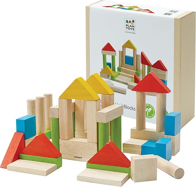 PlanToys® 40 Unit Blocks Wooden Montessori Building and Stacking Toy | Early STEM Fine Motor Creativity and Problem Solving Activity | Eco Friendly Educational Open Ended Play Set