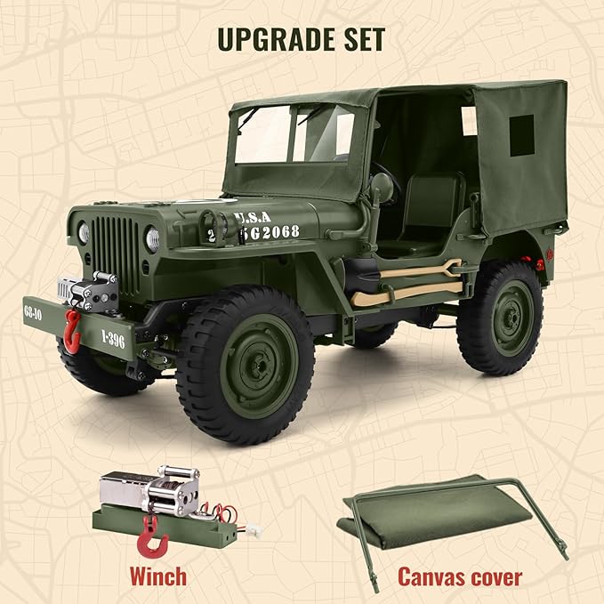 Remote Control Truck Off Road - 4x4 1/10 Scale Willys Army Rock Crawler RC Truck with Winch&ampCar Cover 40Mins Play Time All Terrain Offroad RC Car Military Vehicle Toys for Boys Radio Controlled