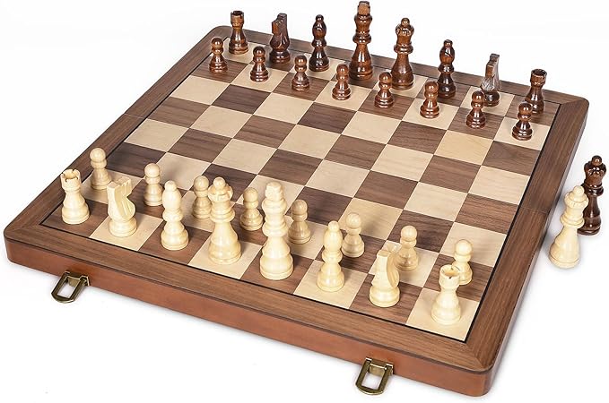15 Wooden Chess Set with Magnetic Pieces - Extra Queens - Folding Chessboard Portable Travel Tournament Chess Board Games for Adults Kids