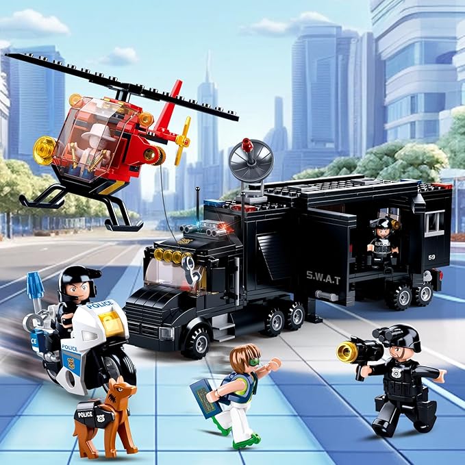 City Police Chase Building Set SWAT Mobile Command Police Truck Building Toy with Helicopter &amp Police Motorcycle Compatible with Lego City Police Station Gift for Boys Girls Aged 6+ 540 PCS