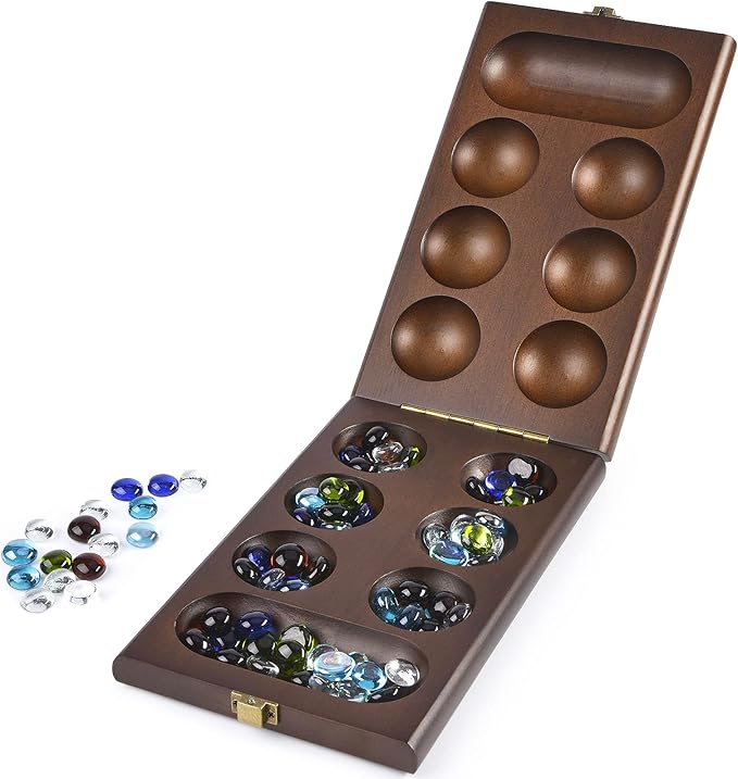 AMEROUS Wooden Mancala Board Game Set with 72+8 Bonus Multi Color Glass Stones - Folding Board - Mancala Instructions Classic Family Board Game for Kids Adults Tabletop Version