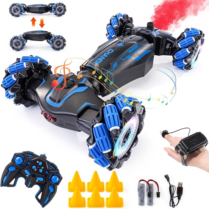 4WD Remote Control Gesture Sensor Car Double-Sided Rotating 360° Flips Drift with Lights Music RC Stunt Twist Car Birthday Presents for 6-12 Kids (Blue)