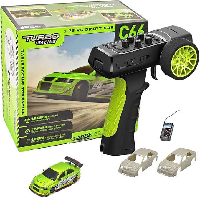 Turbo Racing 1:76 Scale Drift RC Car with Gyro Mini Full Proportional RTR 2.4GHZ Remote Control with 2 Replaceable Body Shell (C66-Green)