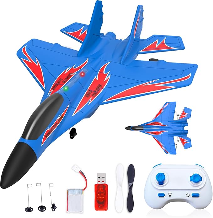 Foam Remote Control Wireless Airplanes RC Planes Remote Control Fighter Toys 2CH 2.4Ghz RC Fighter Jet with Light Hobby Rc Airplanes Easy to Fly for Kids Boys Adults(Blue)