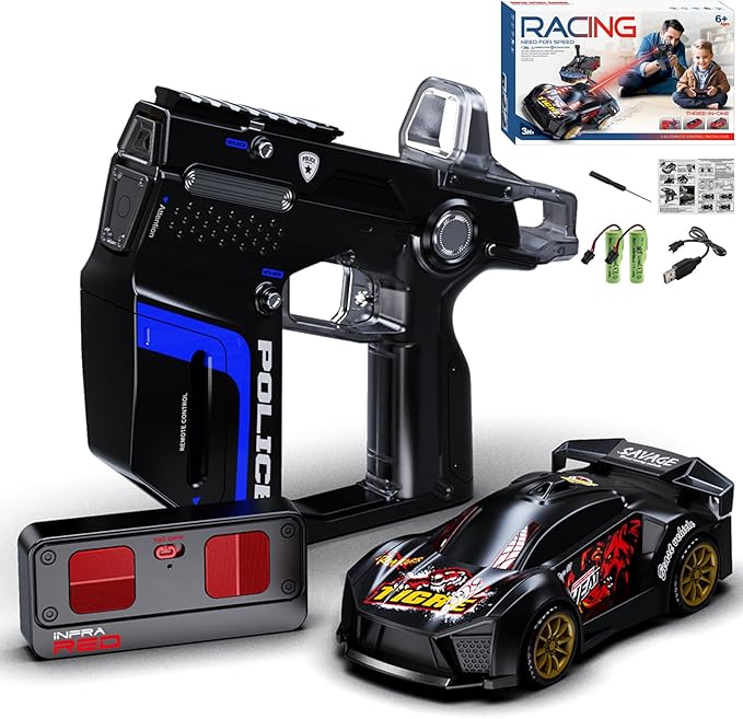 3-in-1 RC Drift Car — Sports/Racing 2-Player Battle Set with Infrared Gun Shooting &amp Flip Effects 60-Min Playtime Family-Friendly 2.4GHz Remote Control Car Toy for Kids Ages 6+ (Black)