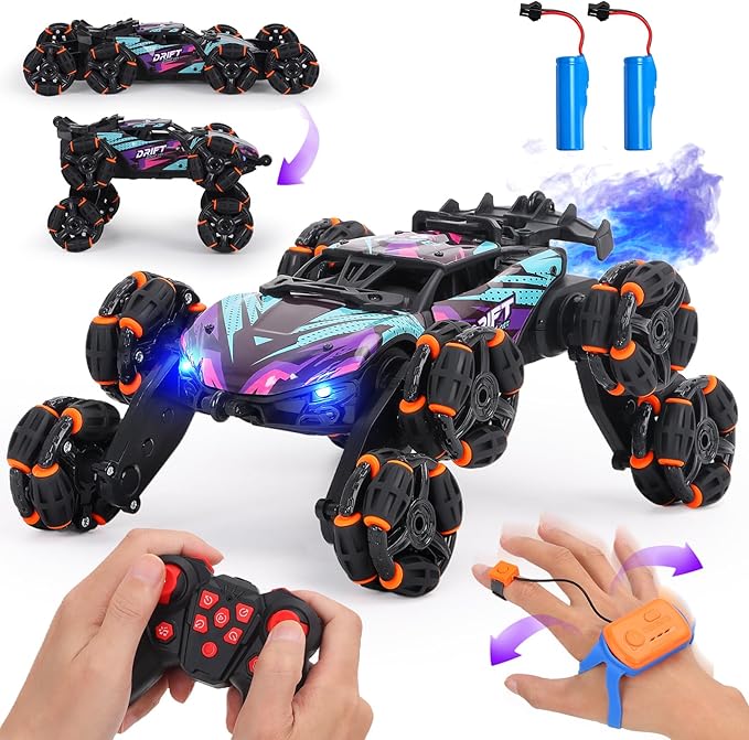 HuiJuKeJi 8WD RC Stunt Car with Gesture Sensing &amp Spray 2.4GHz Hand-Controlled Remote Control Car Toy with Light/Music Auto-Demo Mode Vehicle for Kids Ages 6-14 Birthday