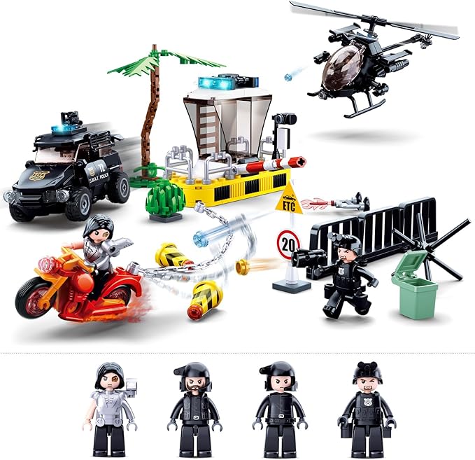City Police Chase Building Set SWAT Police Building Kit with 4 Minifigures &amp Helicopter &amp Police Truck &amp Motorcycle Compatible with Lego City Police Station Gift for Boys Girls Aged 6+