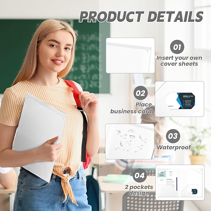 Henoyso 36 Pack Plastic Folders with Clear Front Pockets Heavy Duty File Folders with 2 Pockets and Card Slot for Classroom School &amp Office Bulk Supply (White)