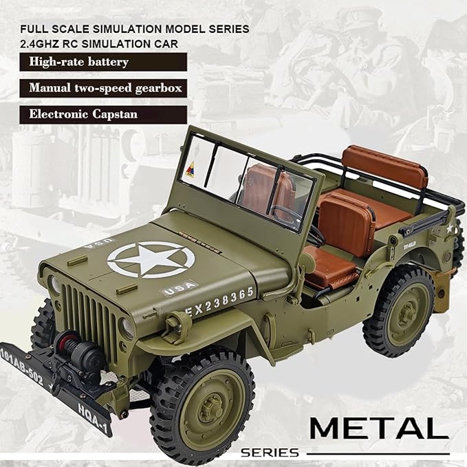 RC Crawler 1:14 Scale Willys Military Jeep 2.4Ghz 4WD Off Road Rock Crawler with 45° Climb Alloy Chassis/Drivetrain Dual-Speed Transmission Functional Winch LED for Adult (Green)