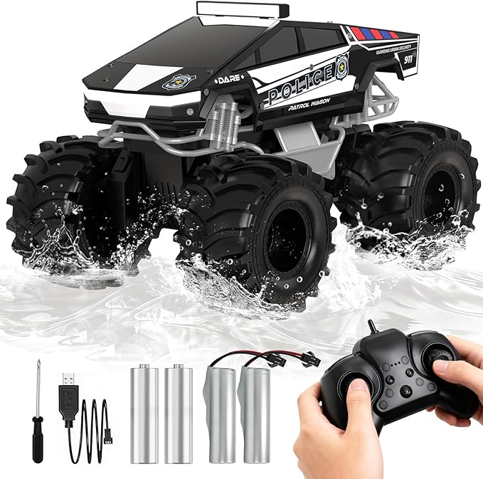 Police Remote Control Car 1:18 Cyber Truck Remote Control Car 2.4 GHz Waterproof Amphibious RC Cars 4WD All Terrain Off-Road Pickup 360° Rotatable Monster Truck Toys for Boys RC Cars Ages 6+