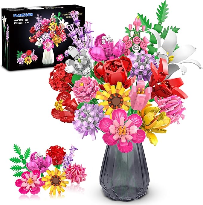 Flower Bouquet Building Set Valentines Day Botanical Collection Building Block Toy 1464 PCS 18 Flowers Rose Sunflower Home Plant Decor Birthday Gifts for Adults Women Boys Girls 8-12+