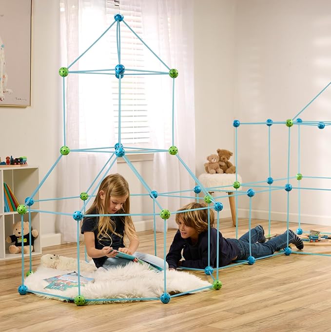132 Piece Fort Building Kit - Indoor Play Engineering Set with Connecting Sticks &amp Balls - Creative STEM Building Toys for Kids Play Spaces Tents &amp Hideouts