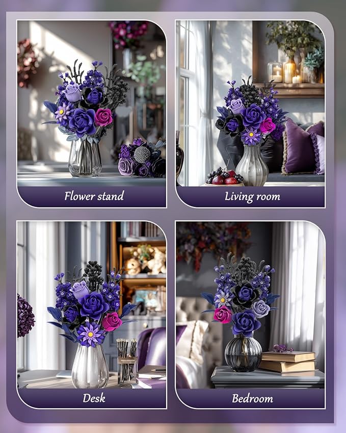 Purple Rose Bouquet Building Set Artificial Floral Building Toys for Gothic Home Decor Ideal Gift for Halloween &amp Christmas Compatible with Lego Flower Set for Adults Women and Teen Girls
