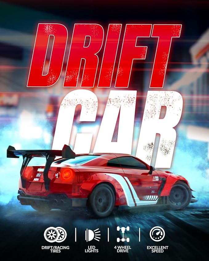 RACENT RC Drift Car 1:20 Scale Remote Control Car with LED Lights 2.4GHz 20KM/H 4WD High Speed RC Vehicle Racing &amp Drifting Tires Two Batteries Toy Idea Gift for Adults Boys Girls and Kids (R