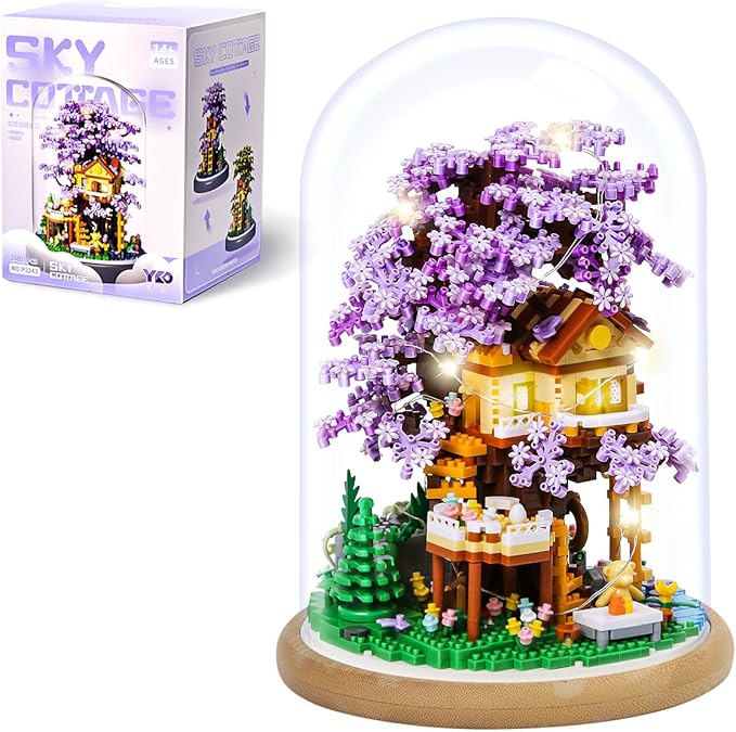 DIY Flower Building Toy Sets Miniature Cherry Blossom Tree House Building Kit Purple &amp Yellow Sakura Flowers Building Blocks Set for Adults &amp Girls - Bonsai Tree Model with Dust Cover