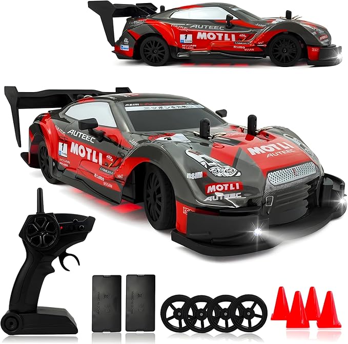 1:20 RC Drift Car for Kids4WD 2.4GHz 30KM/H High Speed Remote Control Car Racing Sport Toy Car with LED LightsDrifting Tires＆2 Batteries (Red 01)