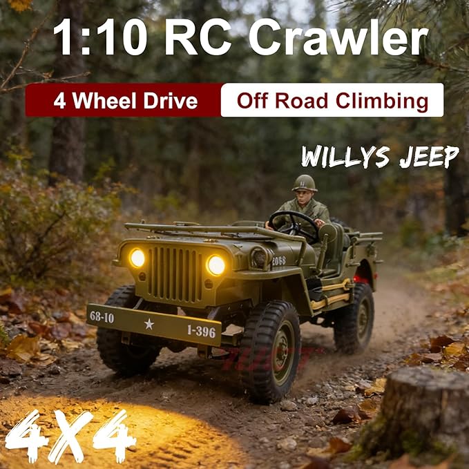 YUCT 1/10 RC Crawler Willys Jeep RC Rock Crawler 4x4 Military Off-Road Car with Driver Figure &amp Machine Gun Oliver Green