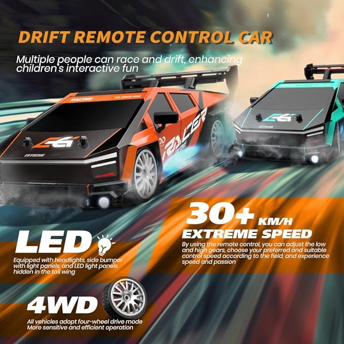 1:24 Scale RC Drift Car 30KM/H 4WD 2.4GHz Remote Control Cars with LED Light Racing and 4 Drifting Wheels High Speed RC Racing Cars Perfect Toy Gift for Teen Adults