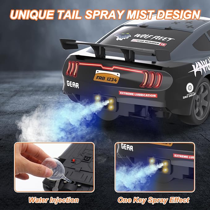 Dollox Remote Control Car 1/16 Scale RC Drift Car 2.4GHz 4WD High Speed 18+KM/H Vehicle with LED Lights and Spray Extra Drifting Tires Racing Vehicle Toys Birthday Gifts for Adults Boys 2 Batteries