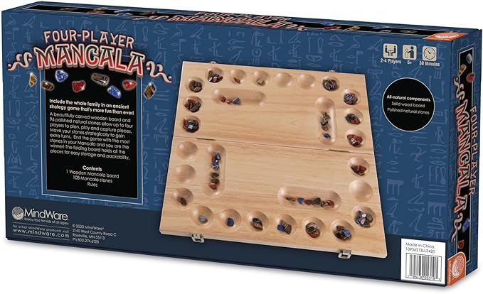MindWare 4 Player Wooden Mancala Board Game with Foldable Board and Mancala Stone Movers - 2 to 4 Players