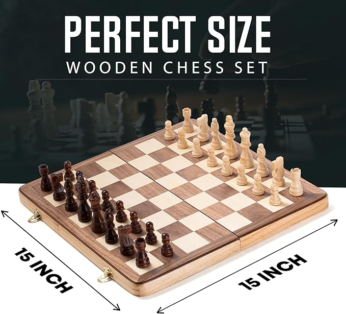 Chess Armory Wooden Chess Set 15 Inch - Classic Handcrafted Game Board for Adults with Extra Queen Pieces and Storage Box - Ideal for Home and Travel - Non-Magnetic