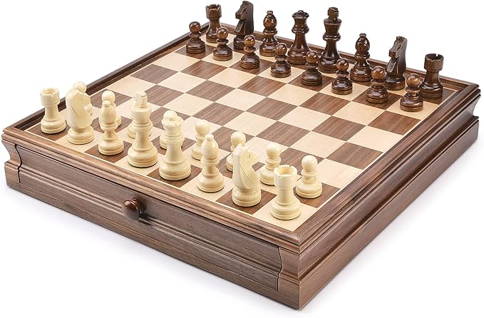 AMEROUS 15 x 15 Wooden Chess &amp Checkers Set with Built-in Storage Drawers/Weighted Chess Pieces / 2 Bonus Extra Queens / 24 Cherkers Pieces/Classic 2in1 Board Games for Kids Adults