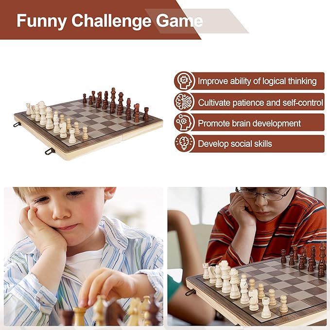 15 Inch Wooden Chess SetsChess &amp Checkers Set with 2 Extra QueensFoldable Wooden Chess Set Board for AdultsHandmade Portable Chess Board Game for Familly Travelling Gift
